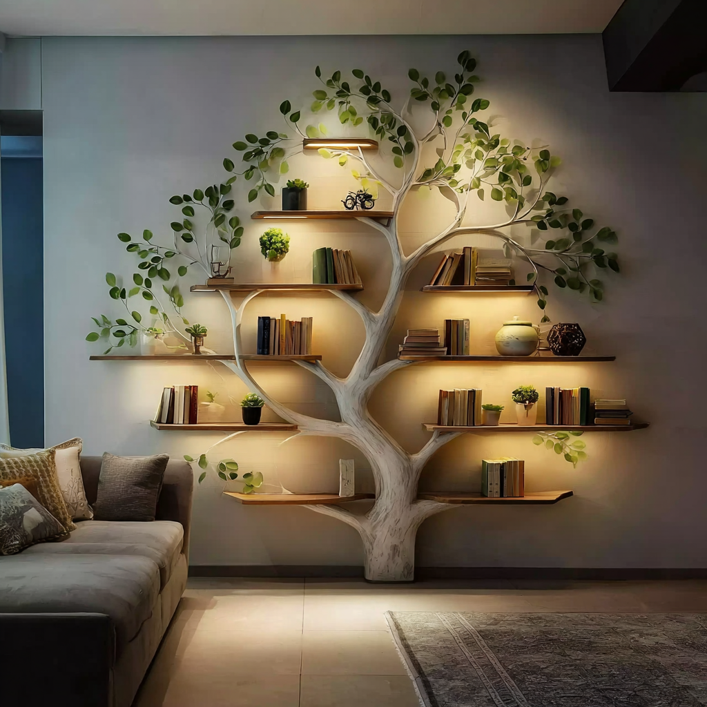 Handmade Wooden Tree Bookshelf – Natural Wood Wall Bookcase