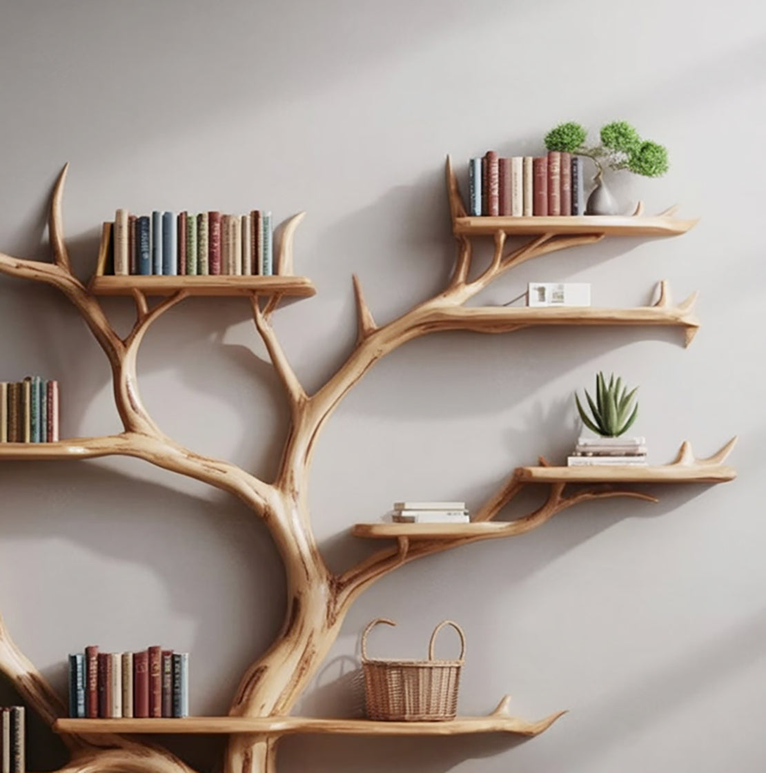 Handmade Tree Bookshelf – Wooden Tree Bookcase, Rustic Wall Shelf for Home Decor