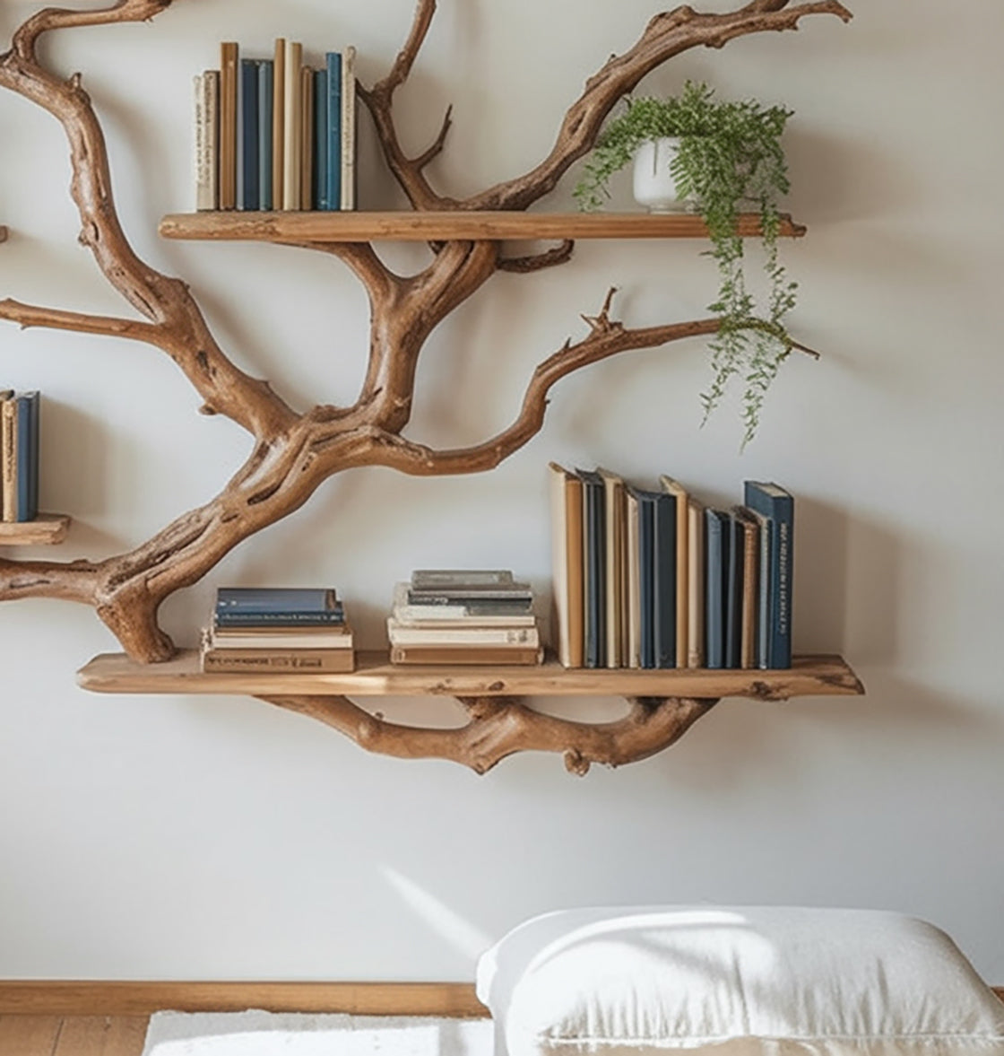 Live Edge Tree Branch Bookshelf – Handmade Wooden Wall Shelf for Rustic Home Decor