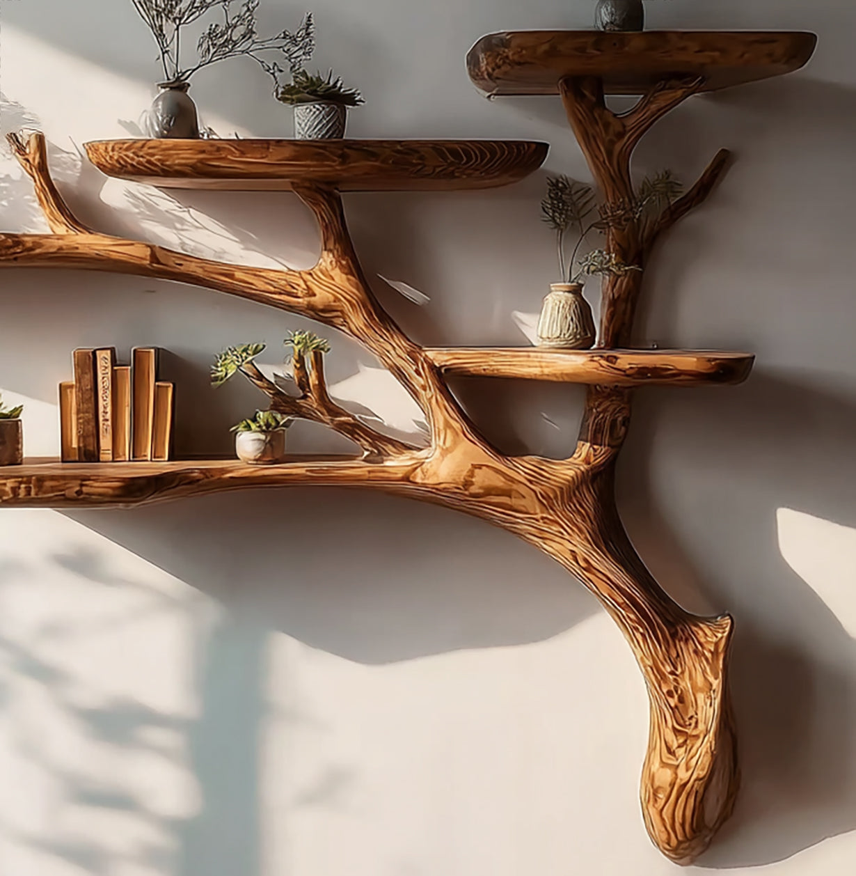 Driftwood Floating Shelf – Rustic Tree Branch Wall Art & Handmade Bookshelf