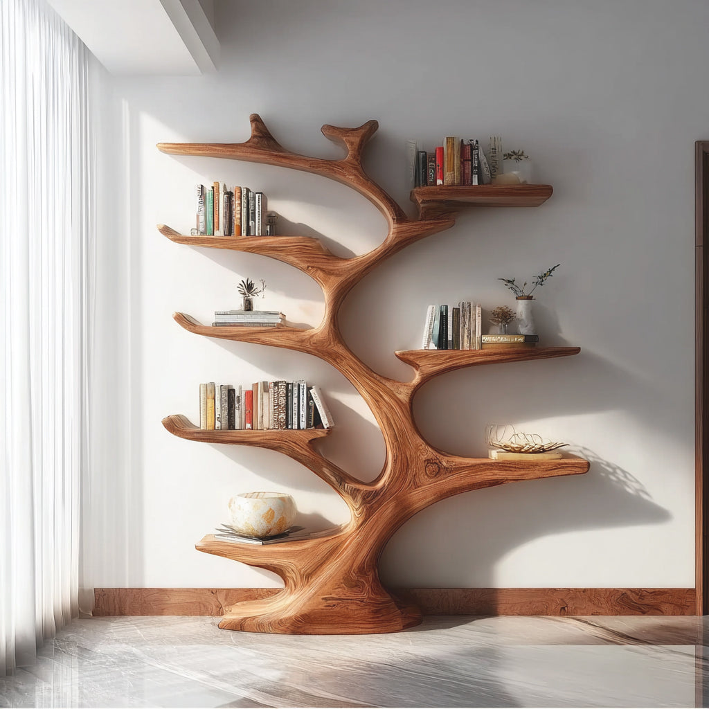 Rustic Tree Bookshelf – Handmade Wooden Bookcase, Unique Wall Decor for Book Lovers
