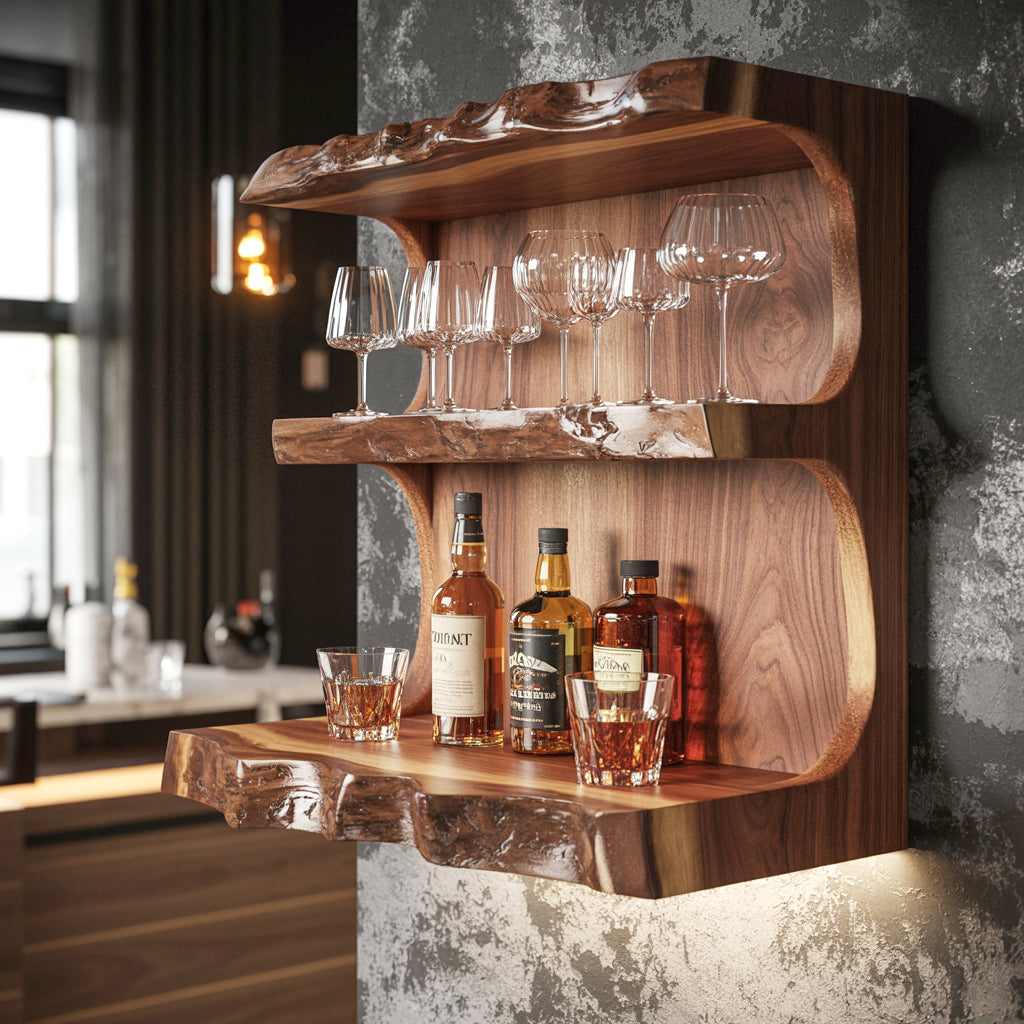 Handcrafted Floating Bar Shelf – Live Edge Wooden Wall Bar, Rustic Farmhouse Decor