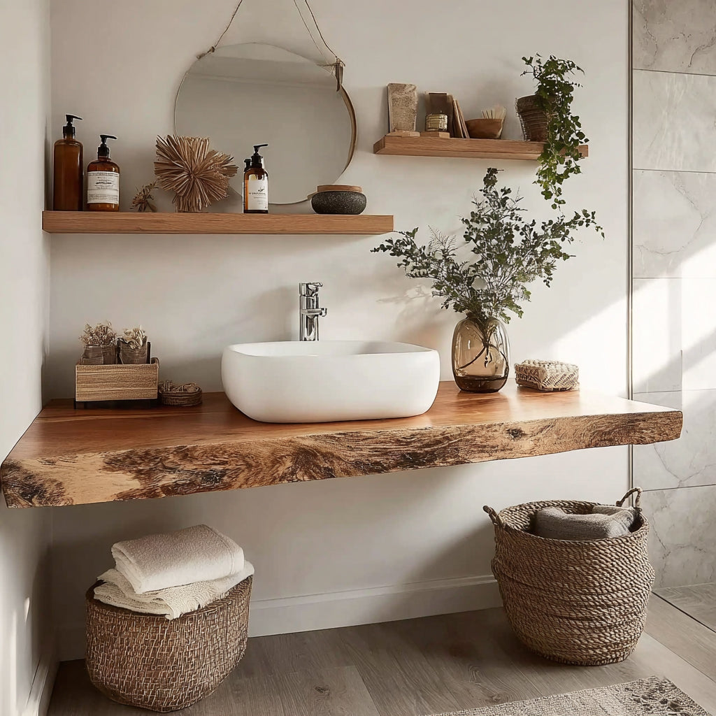 Handmade Reclaimed Wood Floating Vanity – Rustic Live Edge Bathroom Shelf