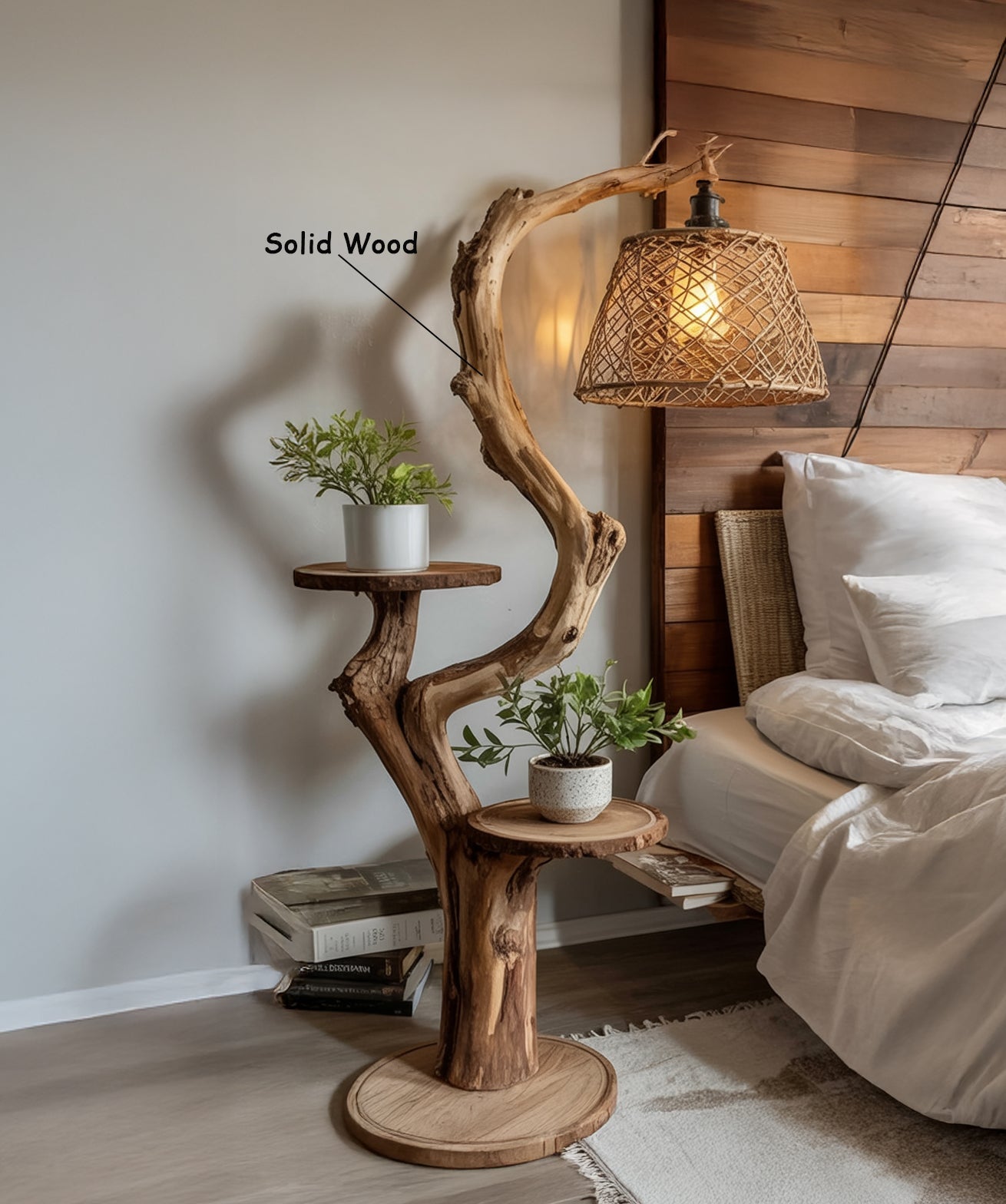 Rustic Driftwood Floor Lamp with Shelves – Handmade Wooden Standing Light
