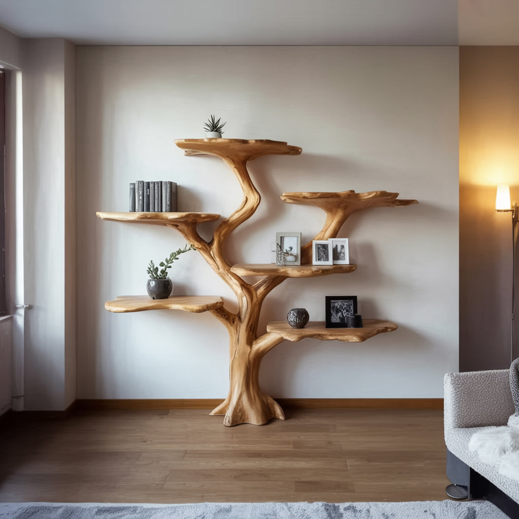 Custom Solid Wood Tree-Shaped Bookshelf – Vintage Wood Home Decor