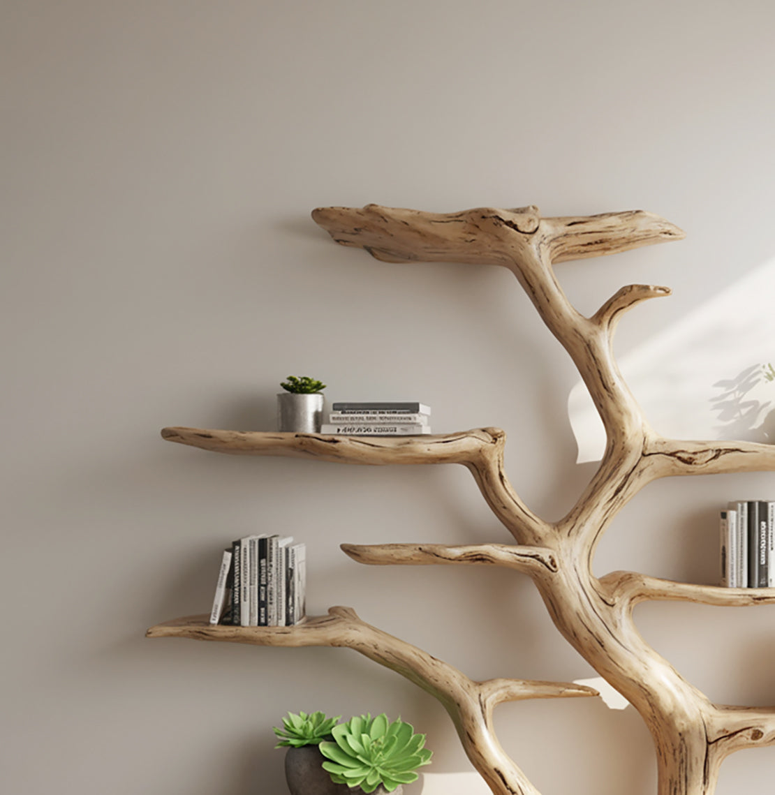 Handmade Tree Bookshelf – Live Edge Wooden Bookcase, Rustic Natural Wood Wall Decor
