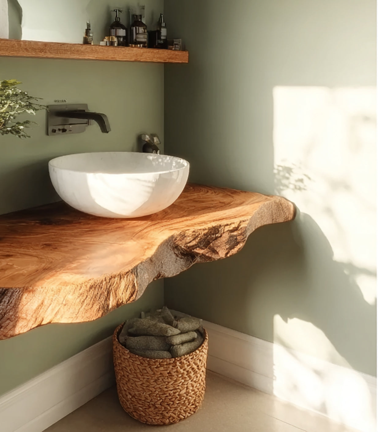 Rustic Solid Wood Live Edge Bathroom Vanity Countertop – Floating Washstand Shelf