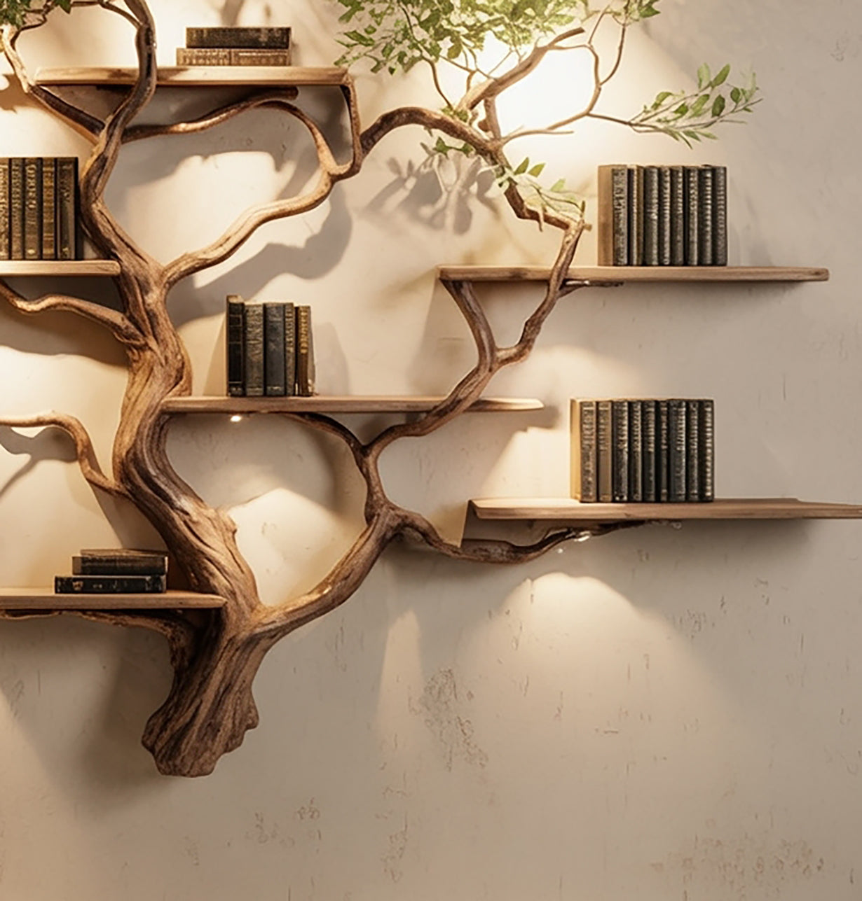 Tree Bookshelf Wall Art – Live Edge Wooden Branch Bookcase with Floating Shelves