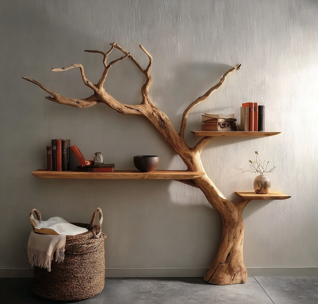 Unique natural wood branch bookshelf wall-mounted with books, vase, and basket with blanket