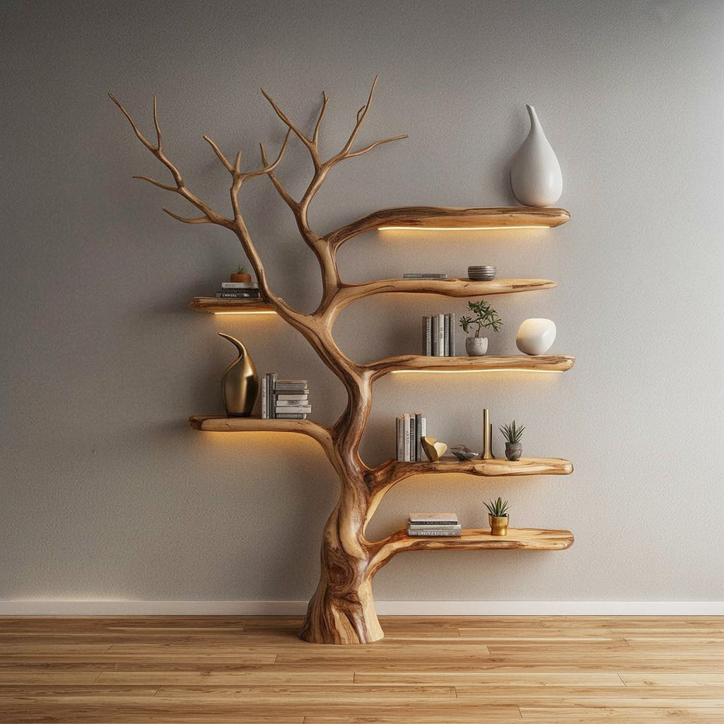 Rustic Tree Branch Bookshelf Handmade Wall-Mounted Solid Wood Decor Living Room Gift Her