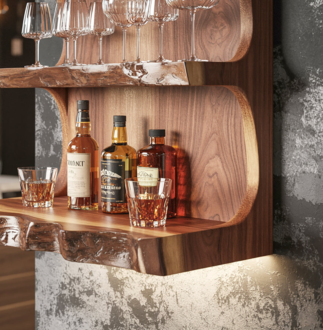 Handcrafted Floating Bar Shelf – Live Edge Wooden Wall Bar, Rustic Farmhouse Decor