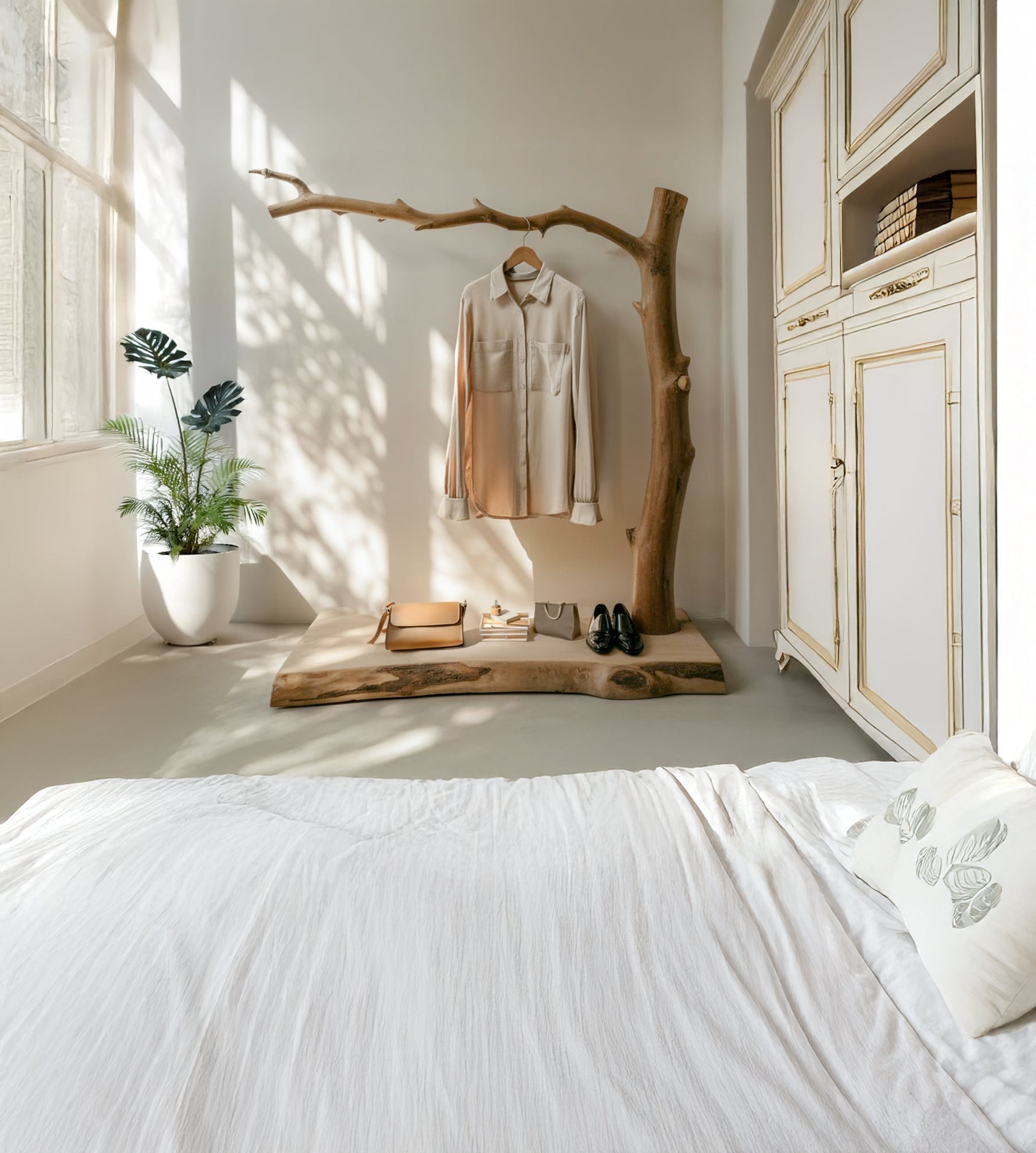 Handmade Wooden Shelf Coat Hooks – Tree Branch Style Standing Hanger Rack