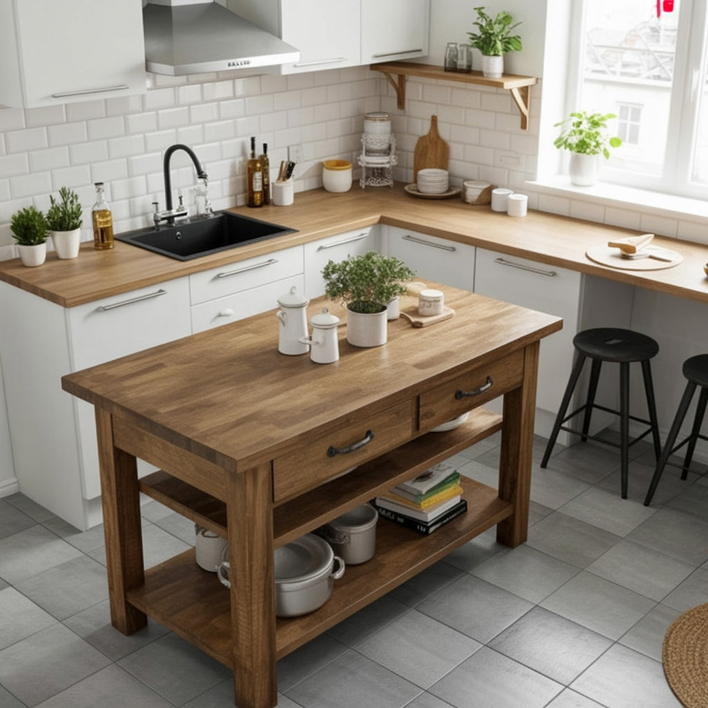 Handmade Reclaimed Chestnut Kitchen Island with Drawer & Double Shelf