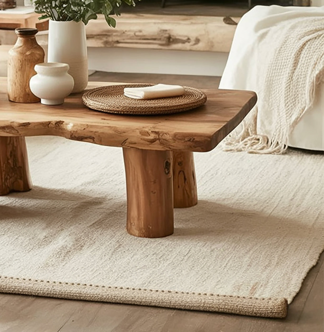 Rustic Live Edge Wood Coffee Table – Solid Wood Farmhouse Living Room Table