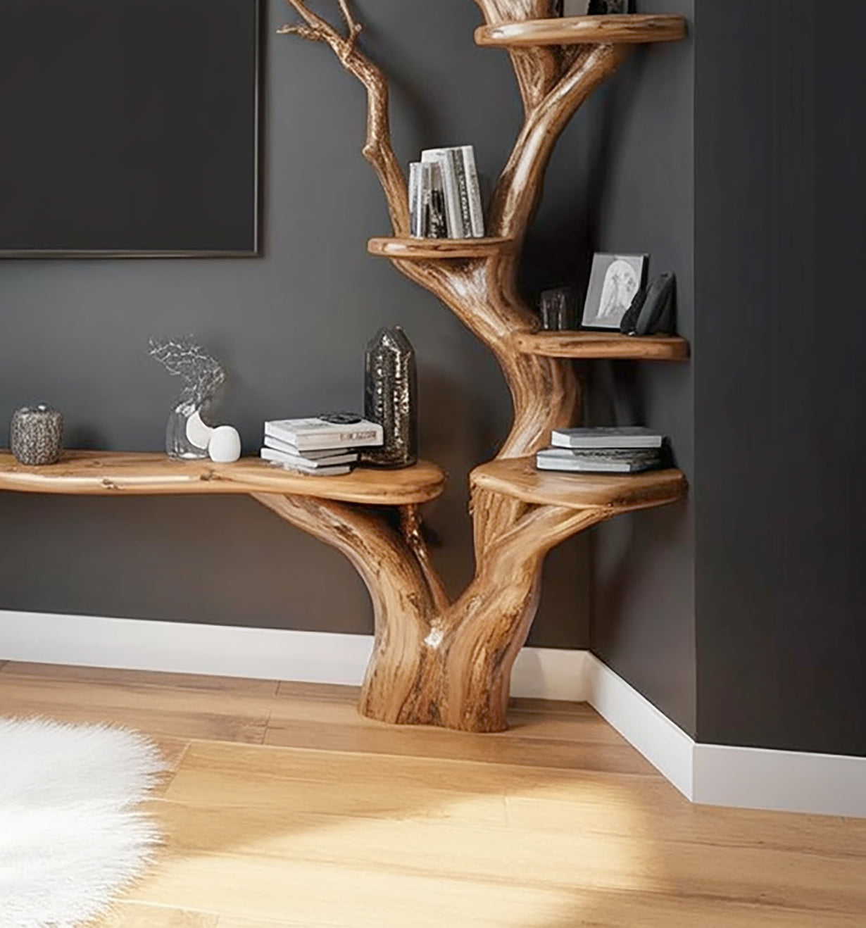 Rustic Tree Bookshelf Wood TV Stand Wall Book Shelf Handmade Furniture Living Room