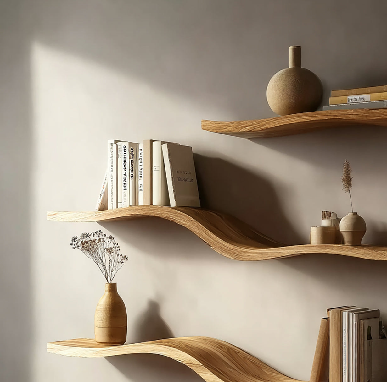 Wood Wavy Floating Shelf – Modern Wall-Mounted Farmhouse Decor