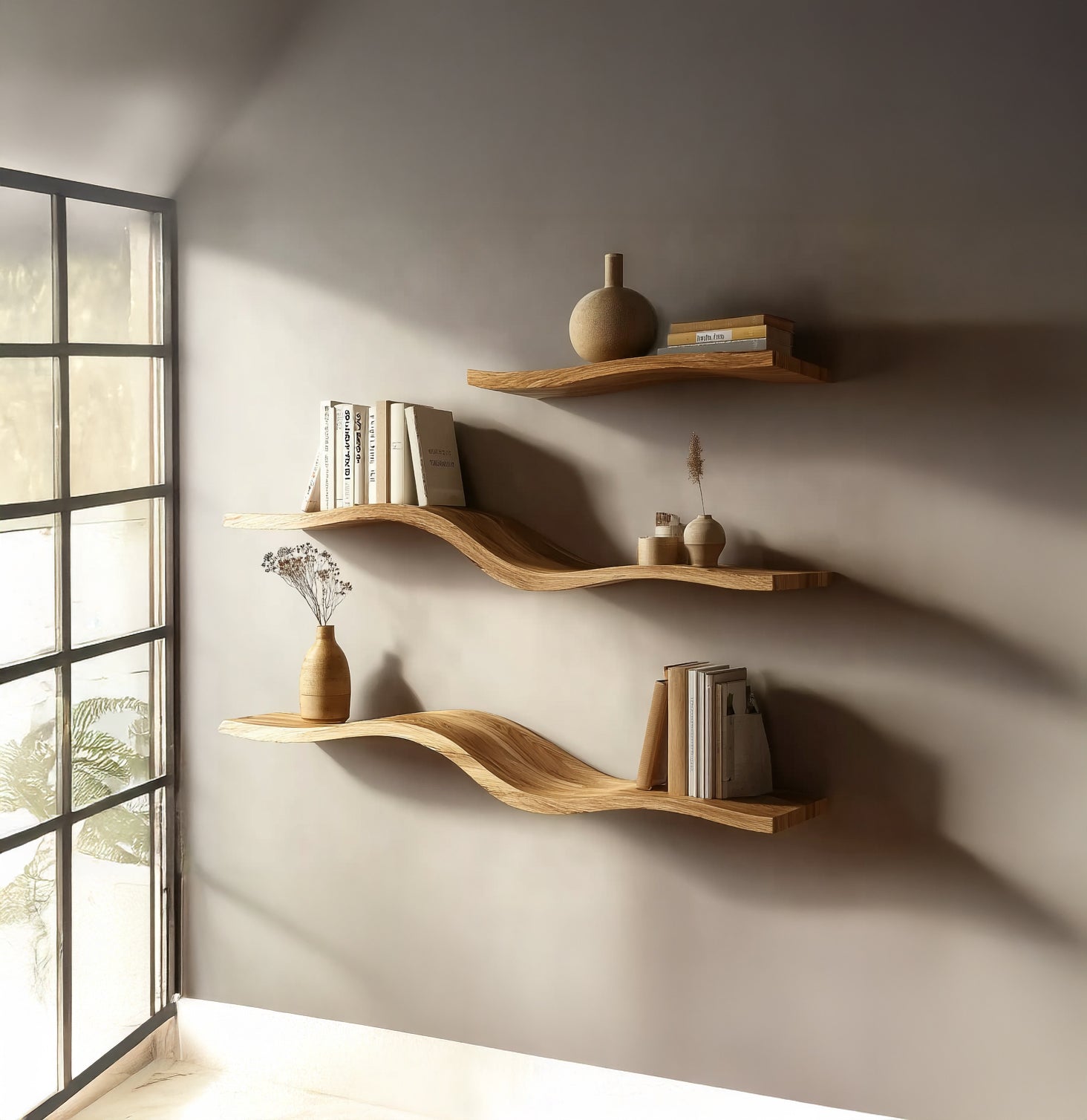 Wood Wavy Floating Shelf – Modern Wall-Mounted Farmhouse Decor