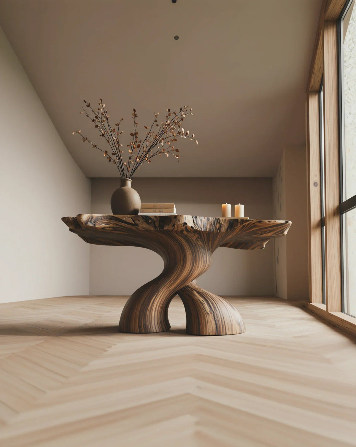 Modern live edge solid wood table with sculpted base, vase, books, and candles in a bright room