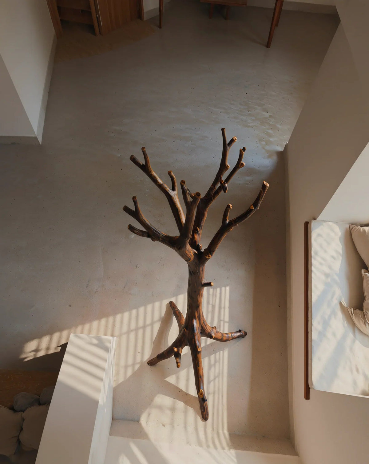Solid wood tree bookshelf with natural live edge branches in modern minimalist room