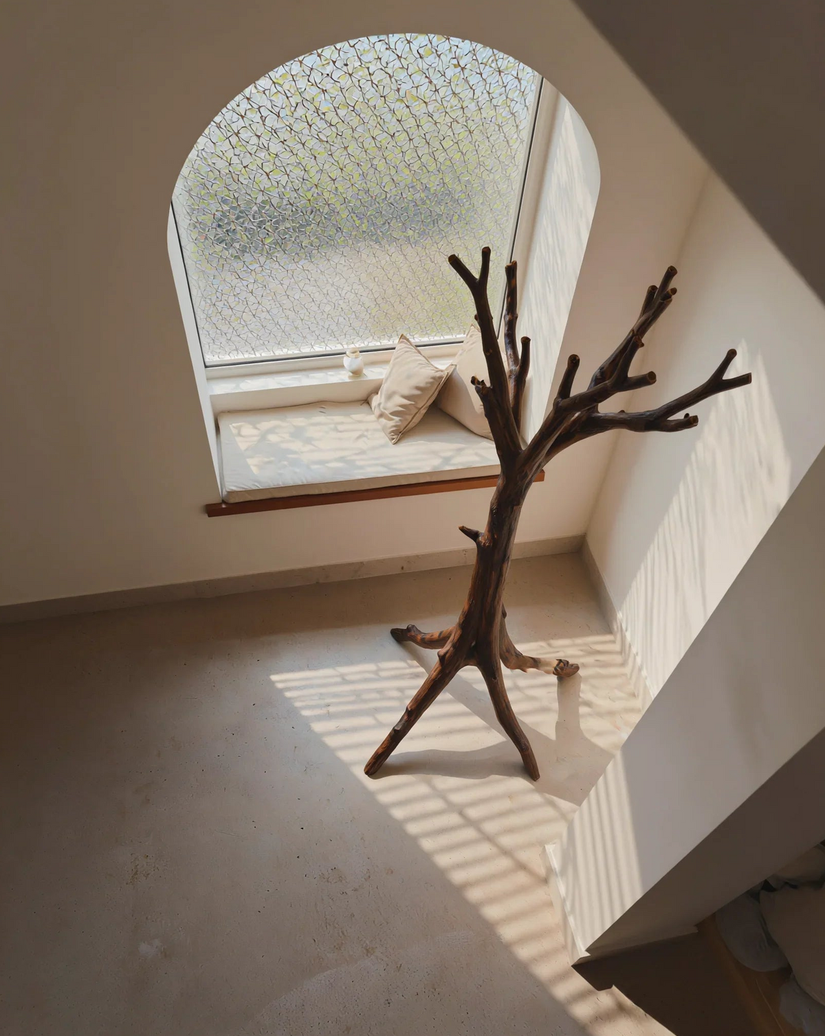 Solid wood tree bookshelf in minimalist room next to arched window seat with cushions