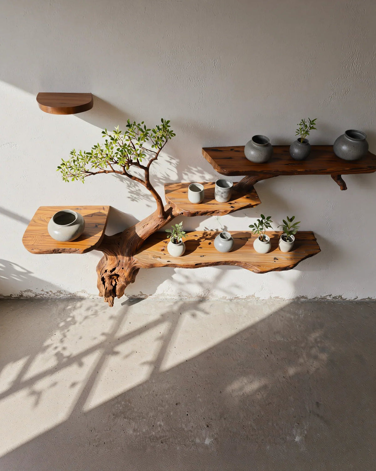 Live edge wood tree bookshelf with ceramic vases and small plants on white wall