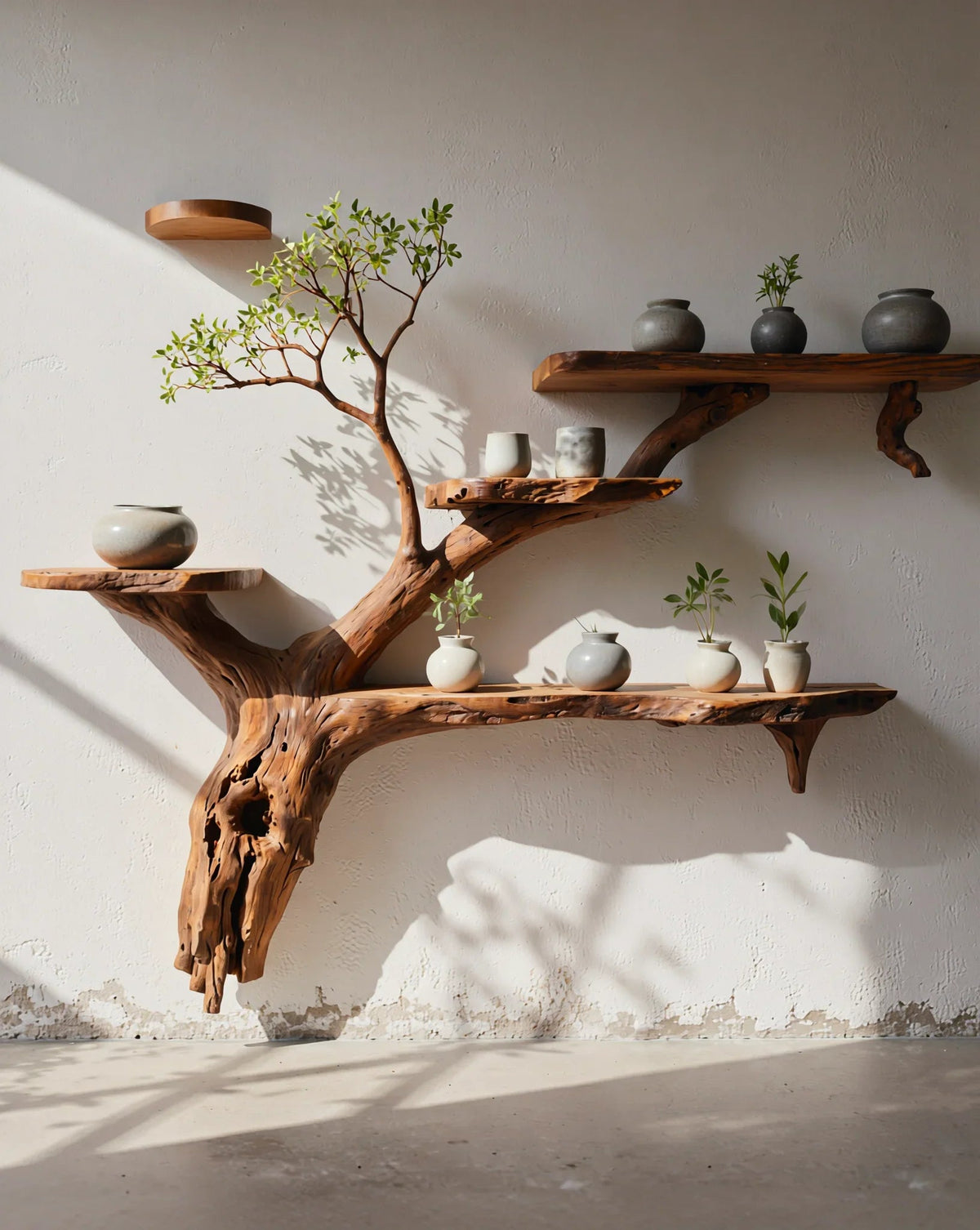 Live edge tree-shaped wooden floating shelf with ceramic vases and small plants on a wall.
