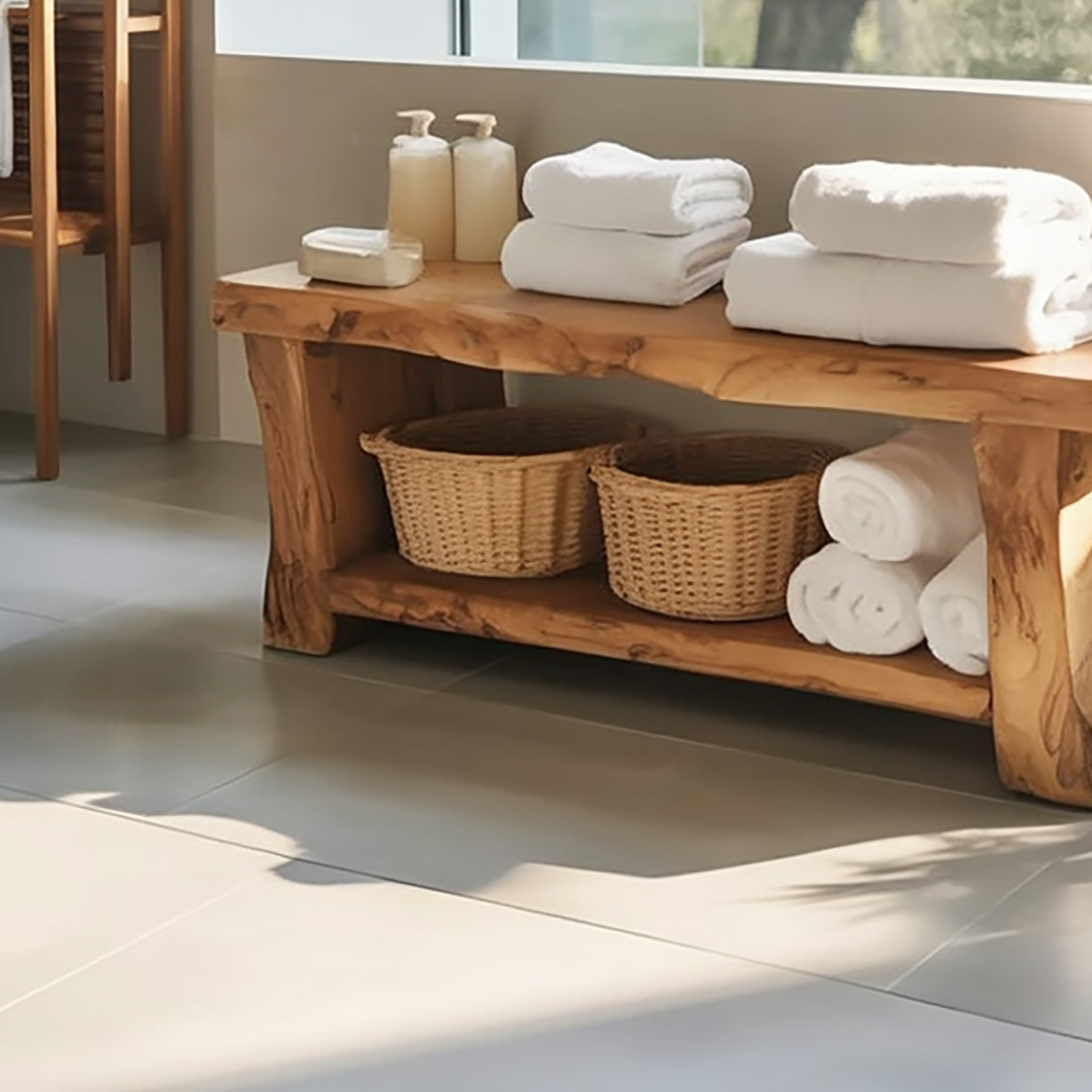 Handcrafted Solid Wood Bath Bench with Storage – Organic Bathroom Accent