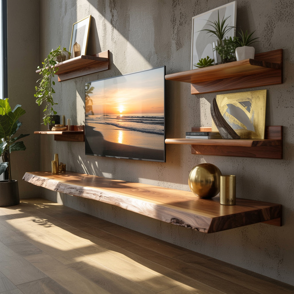 Solid Floating TV Stand with Live Edge – Handcrafted Rustic Media Console
