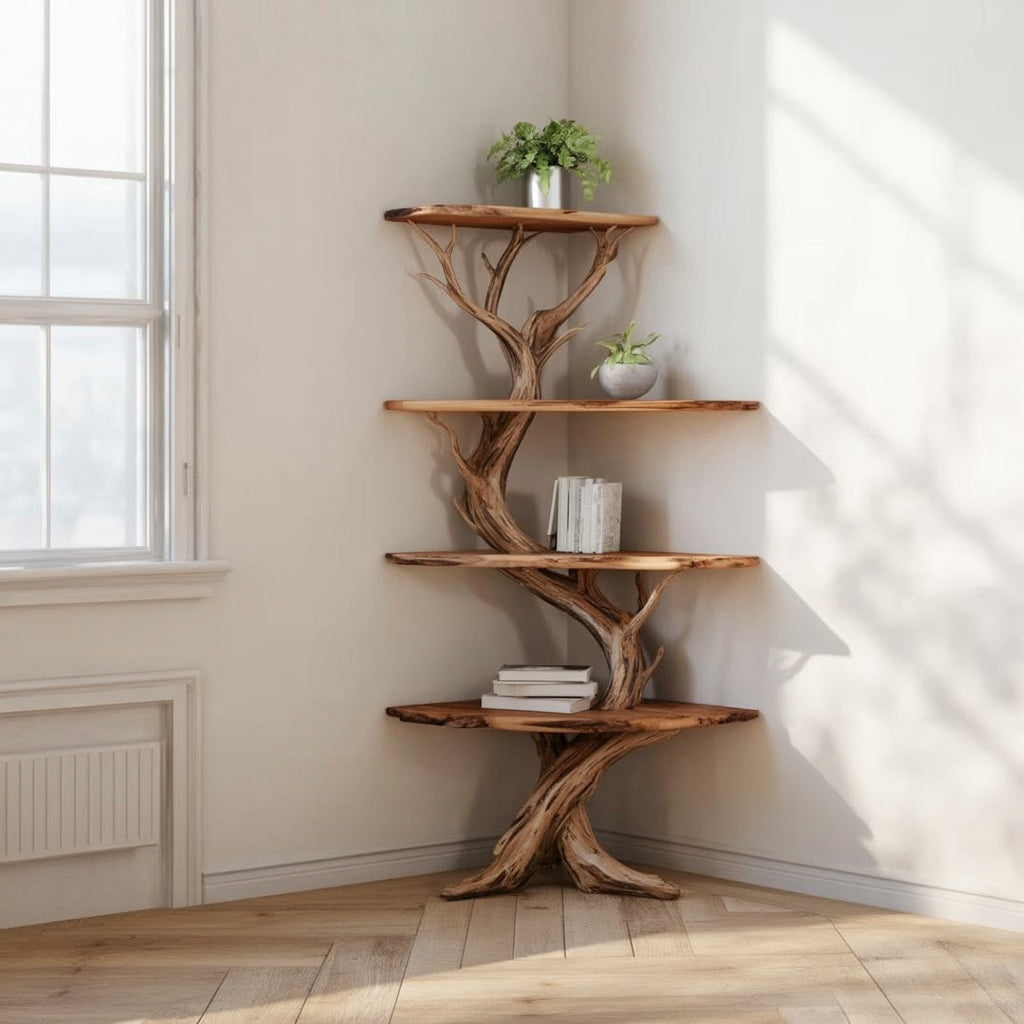 Tree Bookshelf Corner Wall Shelves – Solid Wood Driftwood Branch Décor