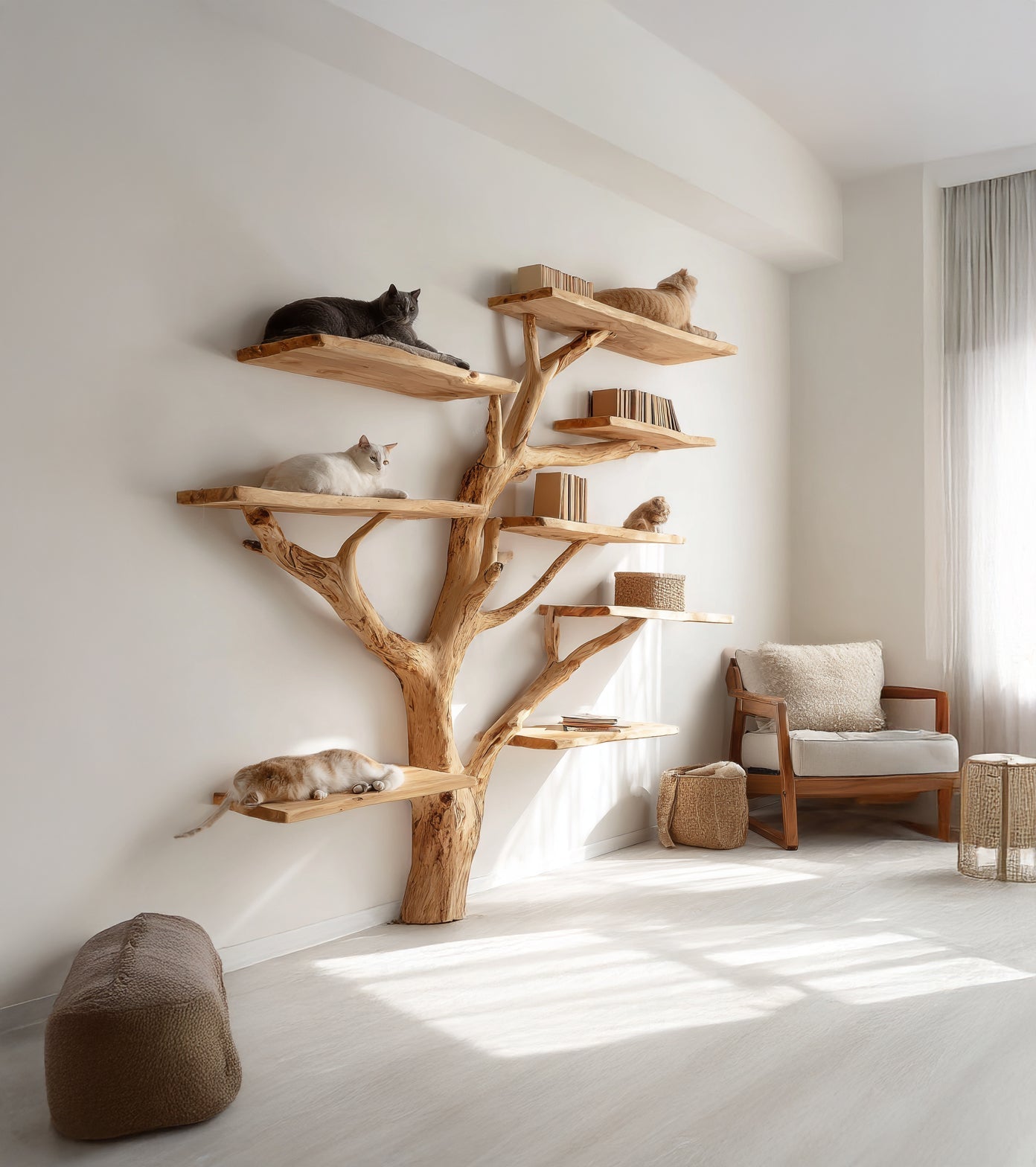 Handmade Wooden Cat Tree Bookshelf – Natural Solid Wood Multi-Level Shelves