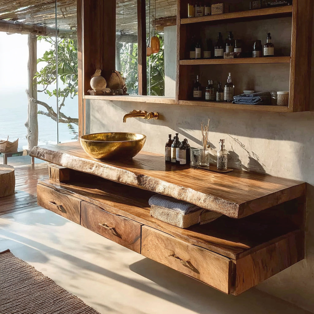 Modern Floating Wooden Vanity – Handmade Rustic Solid Wood Bathroom Cabinet