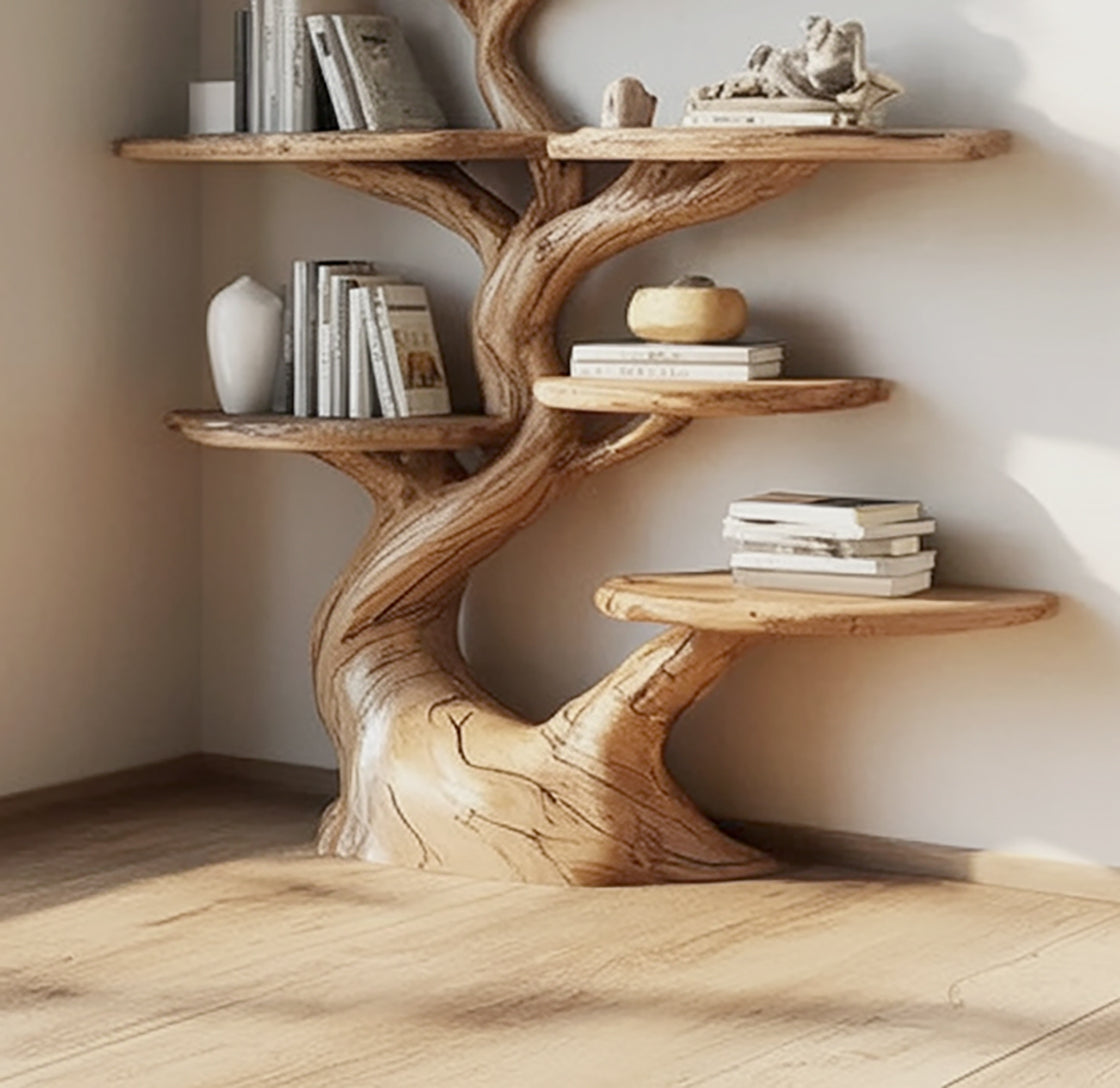 Tree Shaped Wooden Bookshelf – Handmade Solid Wood Tree Shelf for Home Decor