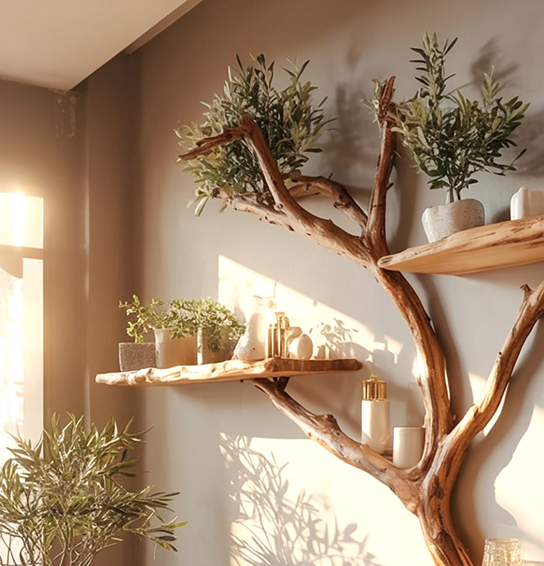 Handcrafted Tree Branch Wall Shelf – Live Edge Wooden Floating Shelf, Rustic Home Decor