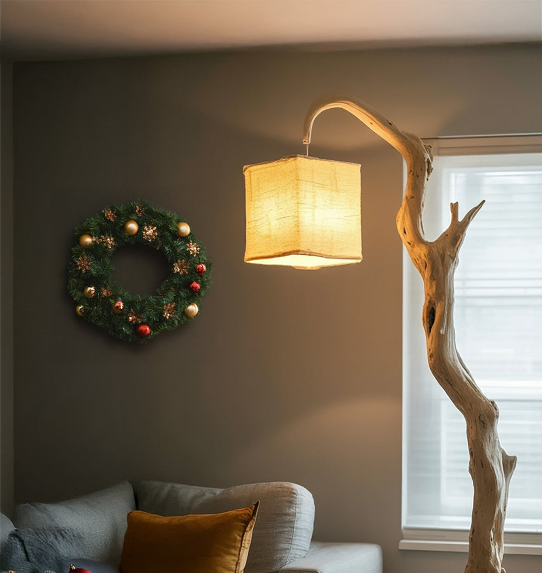 Natural Driftwood Floor Lamp with Fabric Shade – Rustic Wooden Standing Light for Living Room Decor