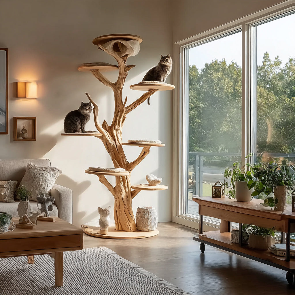 Handcrafted Wooden Cat Tree Tower – Solid Wood Multi-Level