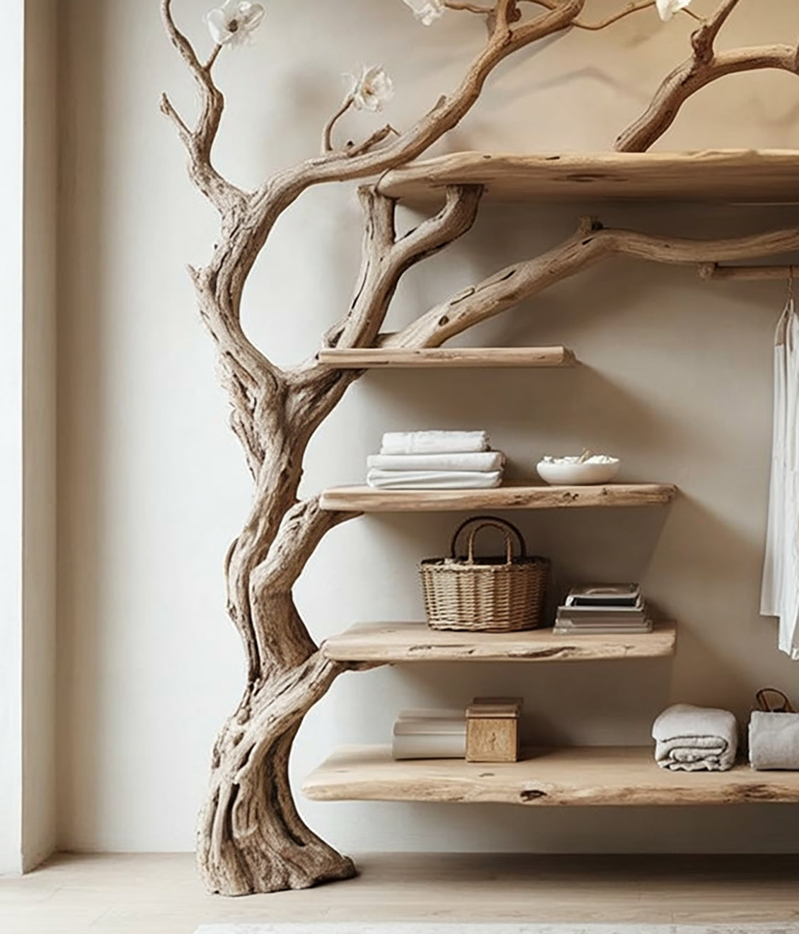 Rustic Tree Branch Corner Coat Rack – Standing Hanger with Shelves