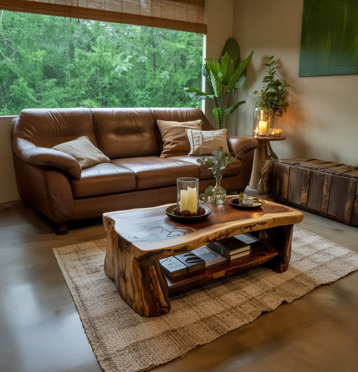 Live Edge Coffee Table – Handmade Solid Wood Center Table with Storage Shelf