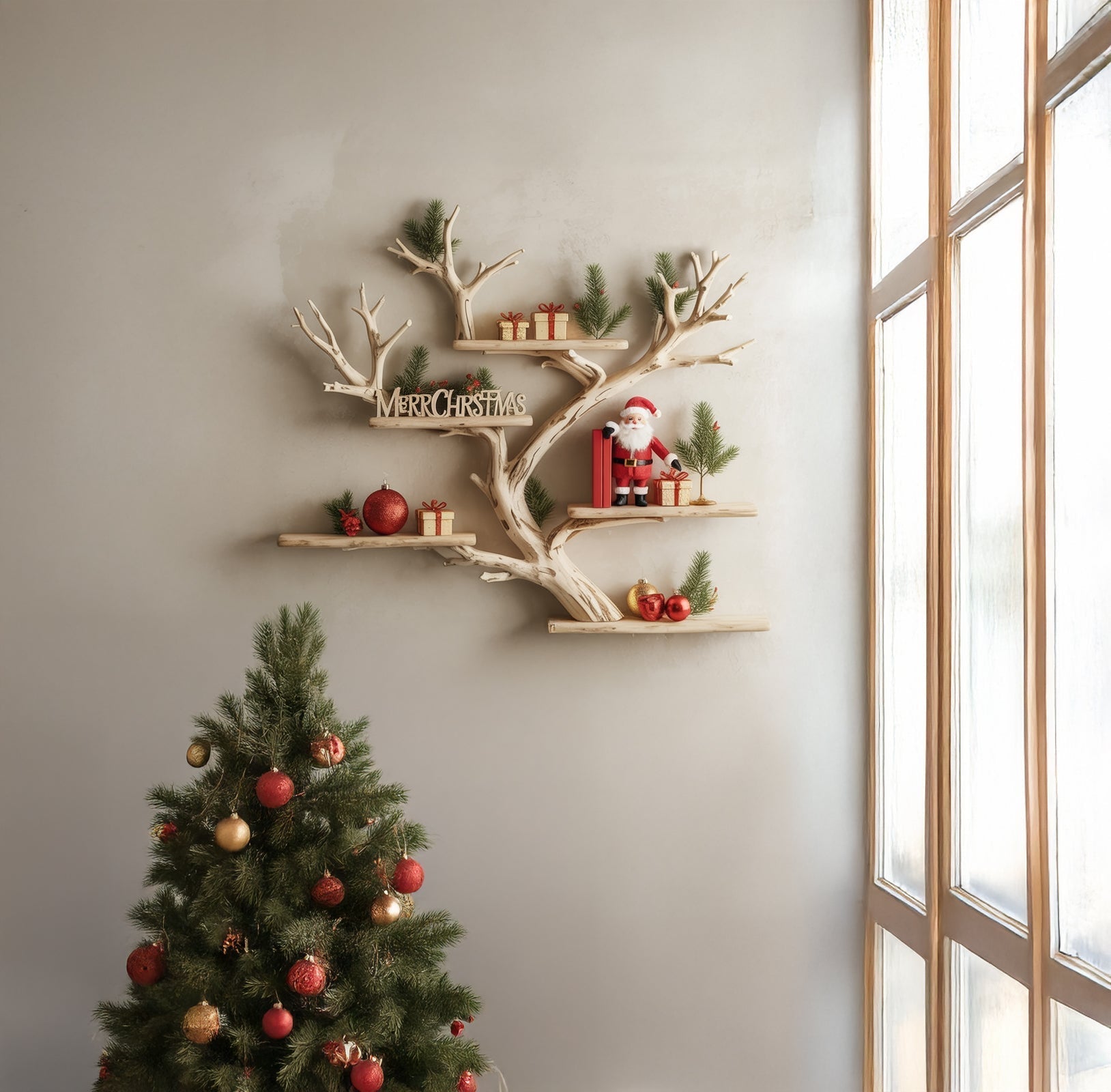 Rustic Corner Floating Bookshelf – Live Edge Driftwood Branch Wall Mounted Tree Shelf