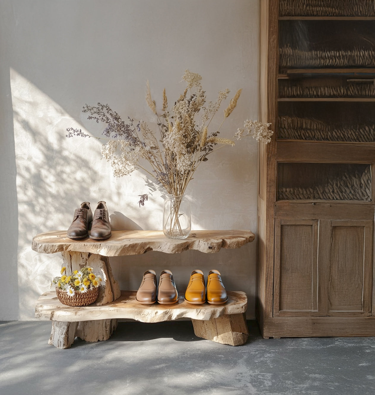 Rustic Oak Shoe Storage Bench – Solid Wood Hallway Organizer & Entryway Rack