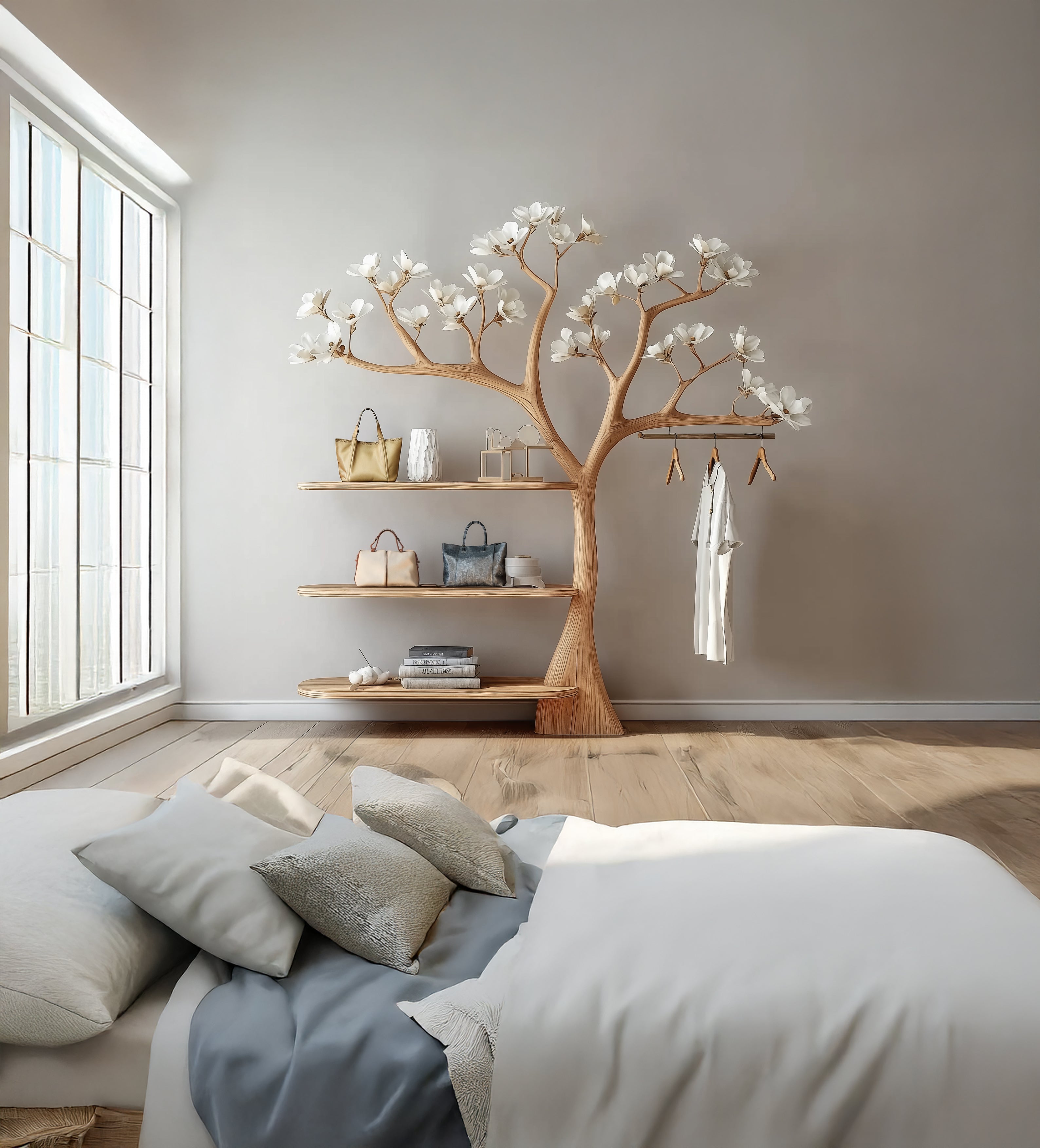 Rustic Tree Coat Rack – Wall Mounted Wooden Hanger with Floating Shelves, Vintage Tree Branch Shelf