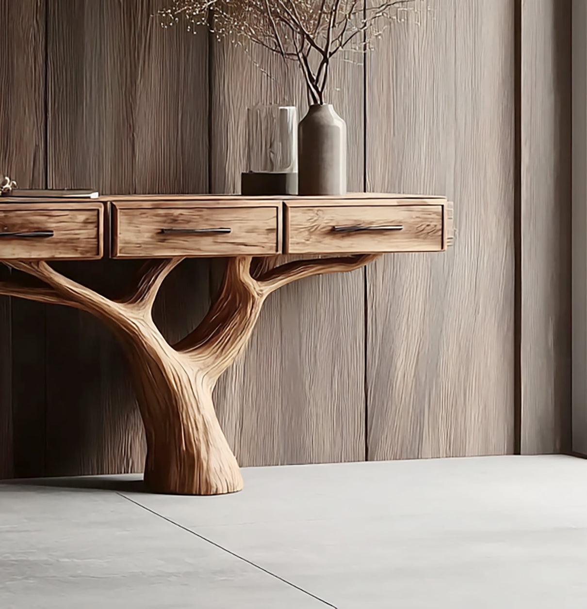 Handcrafted Natural Wood Console Table – Tree-Inspired Base for Luxury Entryway Décor
