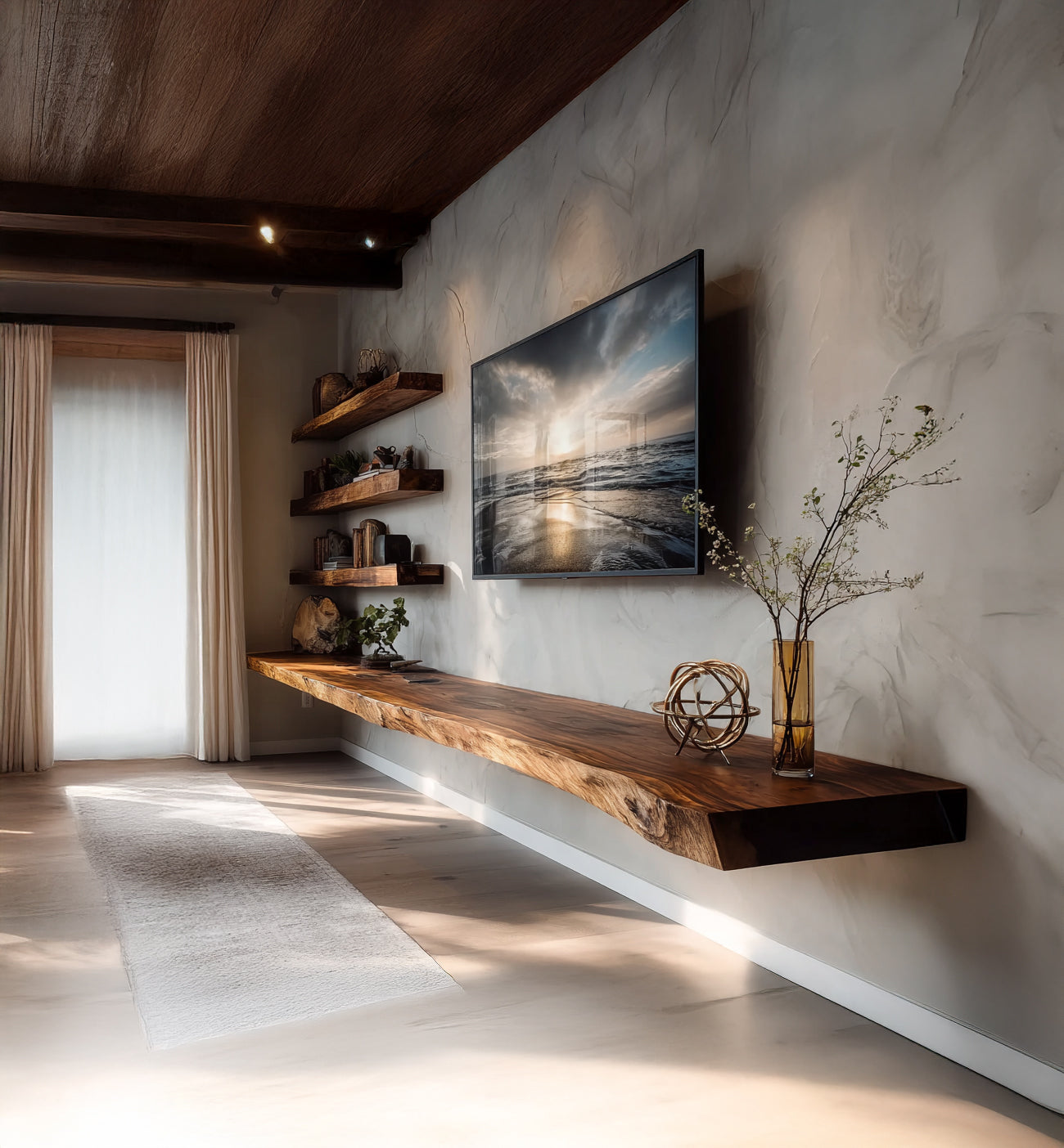 Rustic Live Edge TV Stand – Solid Walnut Floating Console & Handmade Wood Media Cabinet