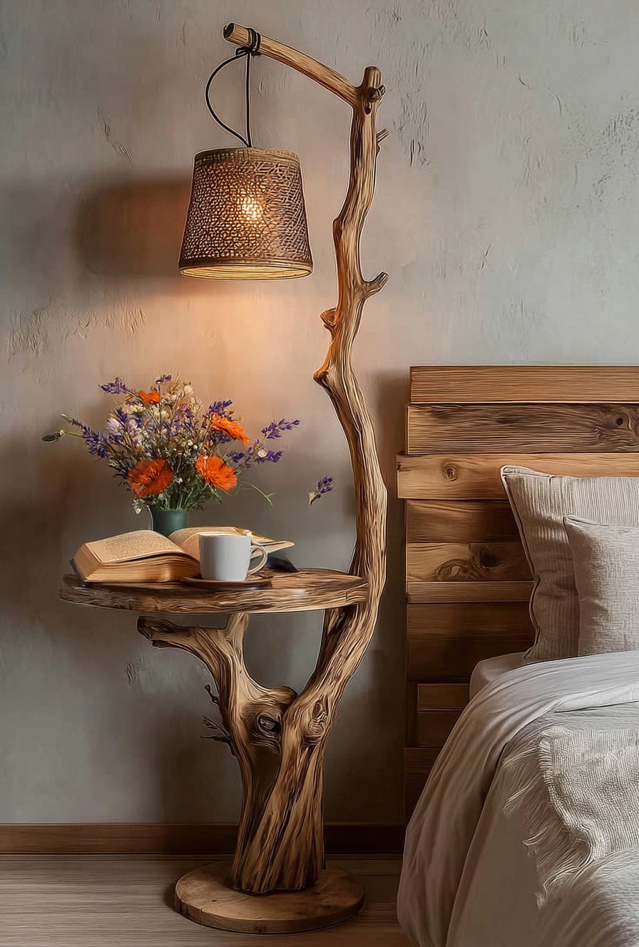 Rustic Driftwood Floor Lamp with Shelves – Handmade Wooden Standing Light