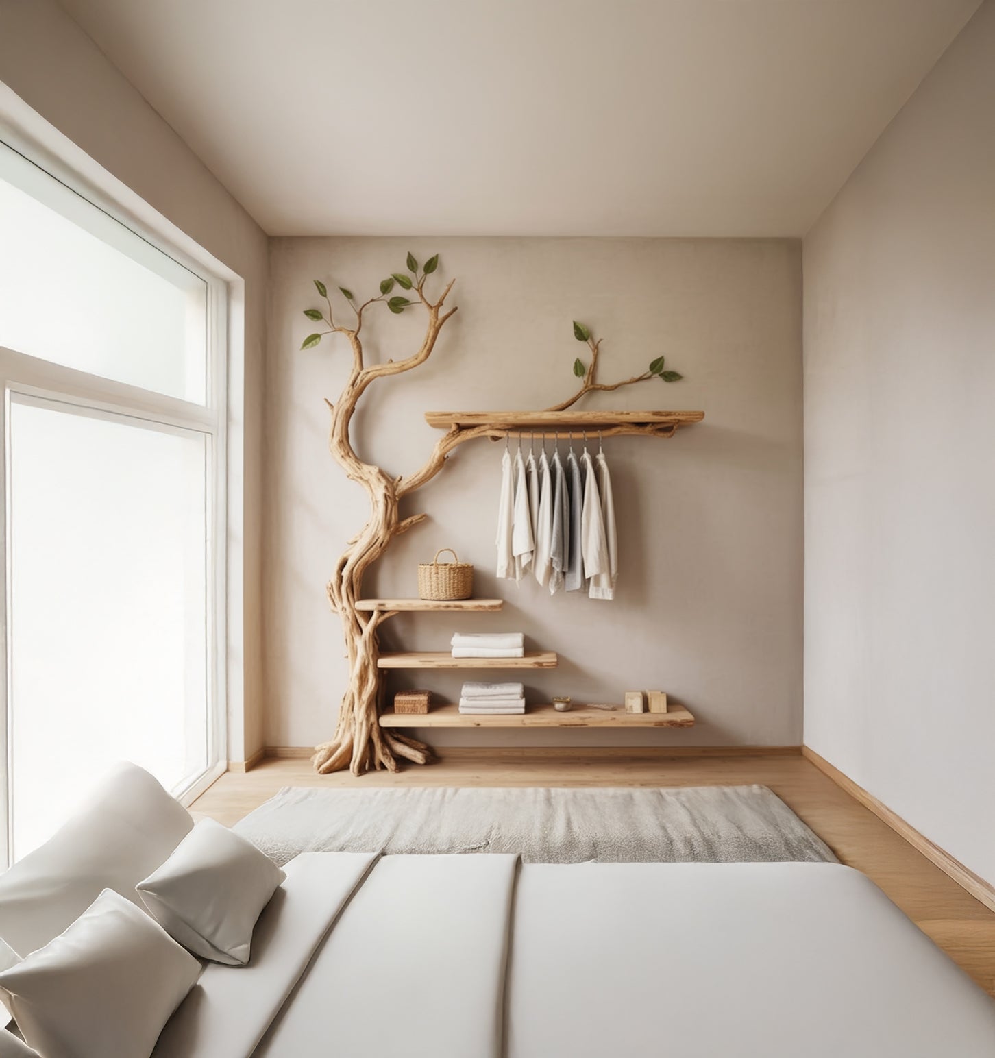 Handmade Rustic Tree Coat Rack – Wall Mounted Wooden Hanger with Shelves