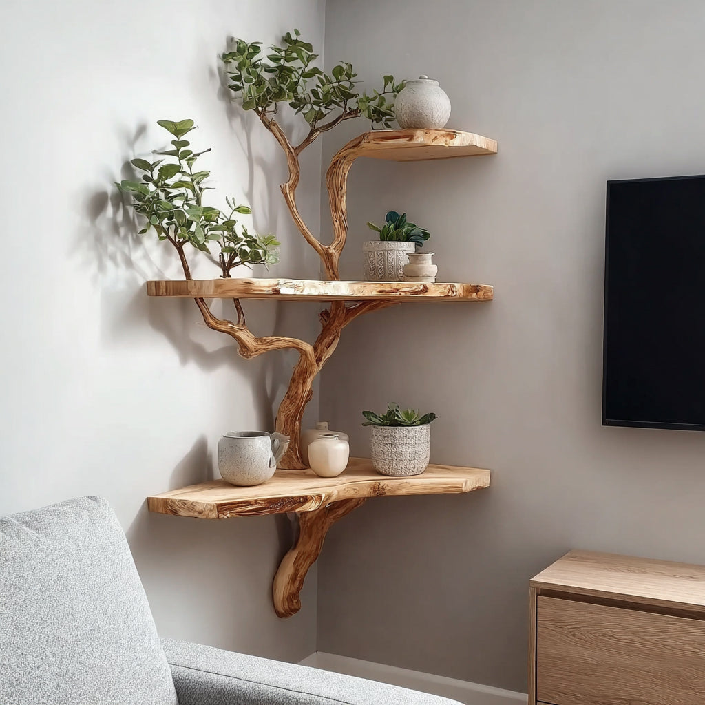 Rustic Corner Tree Branch Shelf – Wooden Floating Corner Shelf