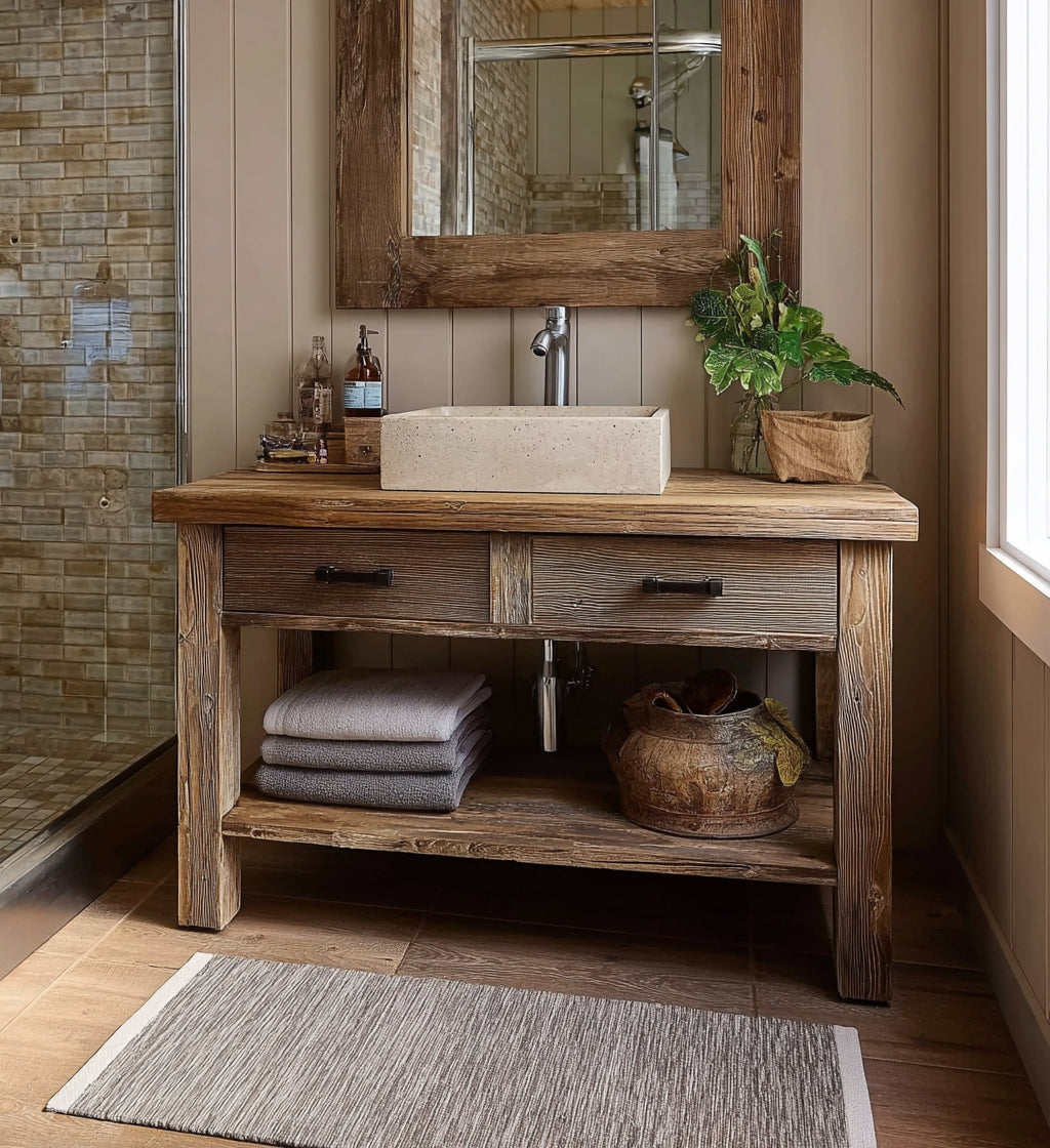 Wooden Rustic Style Handmade Bathroom Vanity – Live Edge Solid Wood Cabinet Sink Table