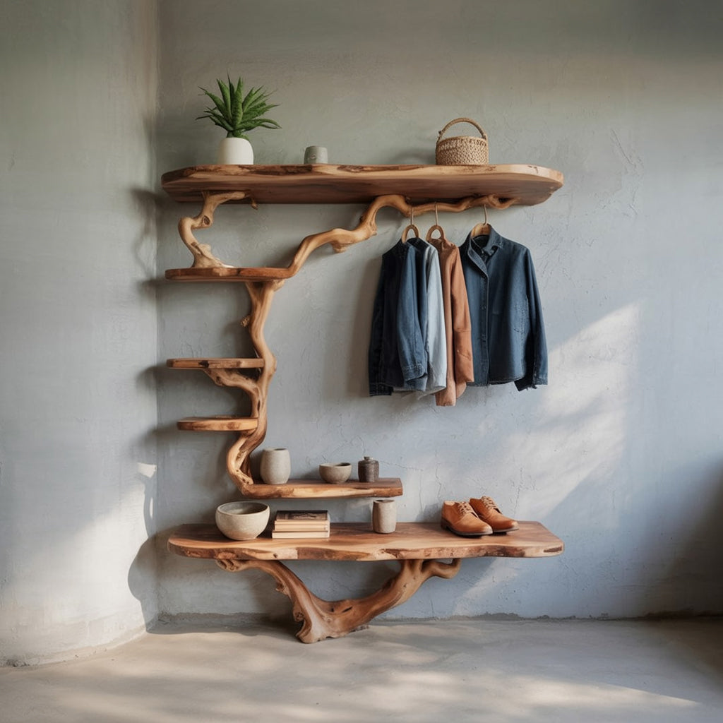 Tree Branch Coat Rack Driftwood Coat Hook Wall Mount Shoe Bench Solid Wood Storage Hanging