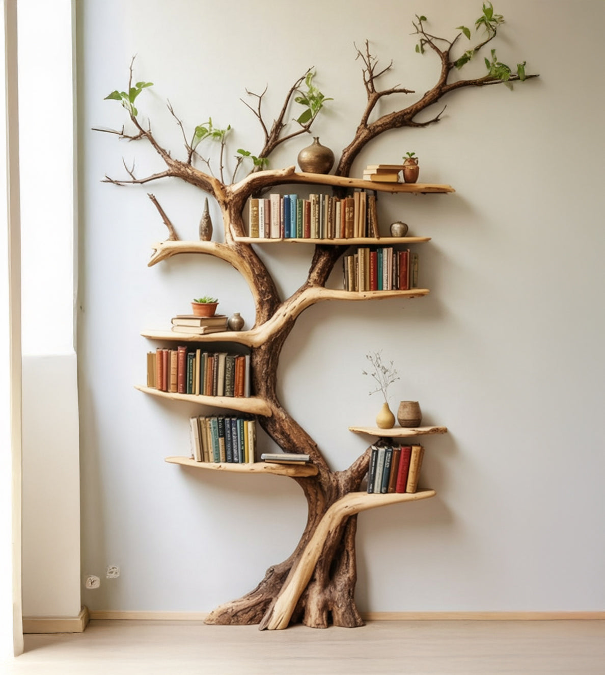 Tree Branch Bookshelf – Solid Wood Live Edge Floating Corner Shelf, Unique Bookcase