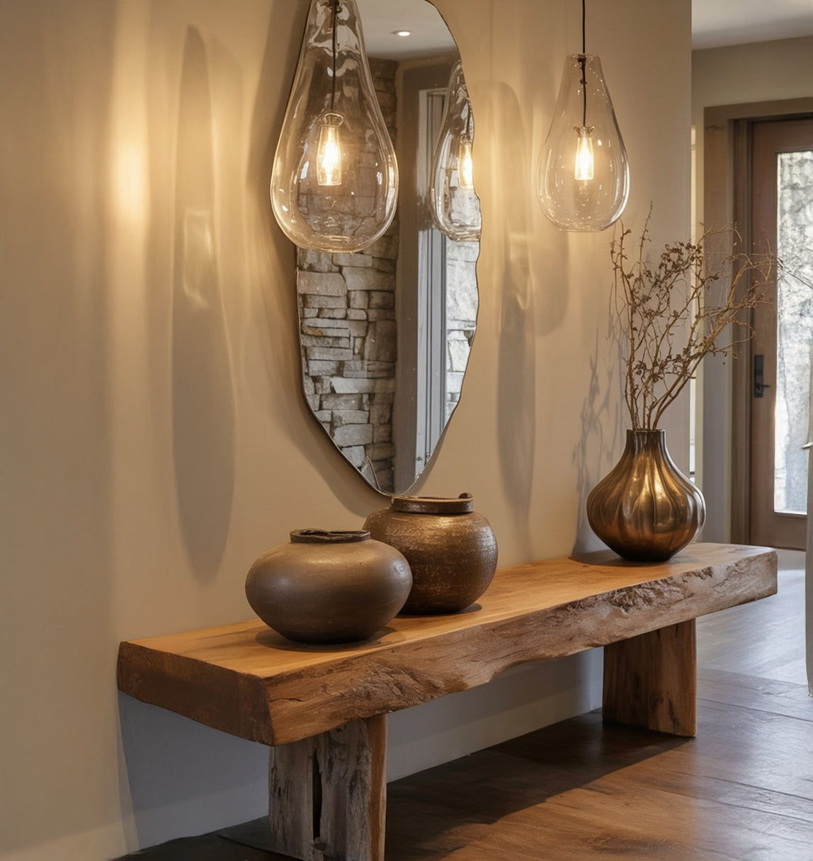 Handmade Live Edge Solid Wood Entryway Bench – Rustic Hallway Shoe Rack & Console