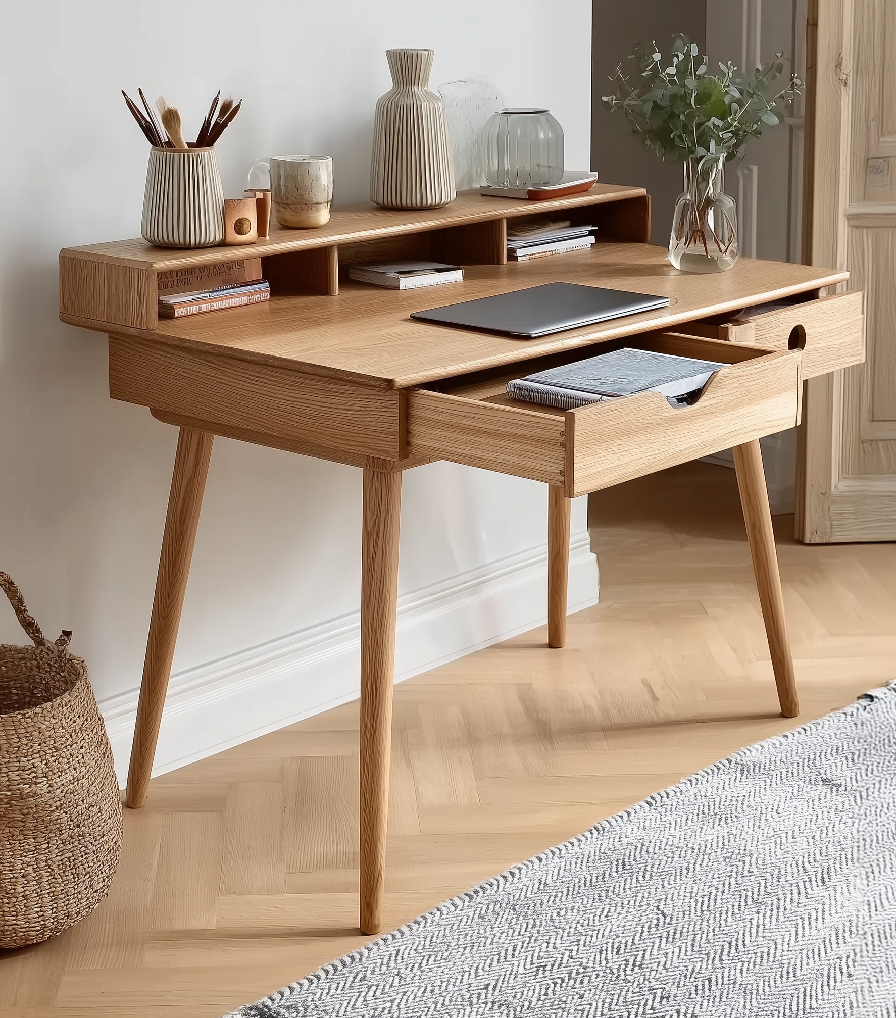 Mid-Century Desk with 2 Storage Drawers – Modern Writing & Study Desk with Rubber Wood Legs
